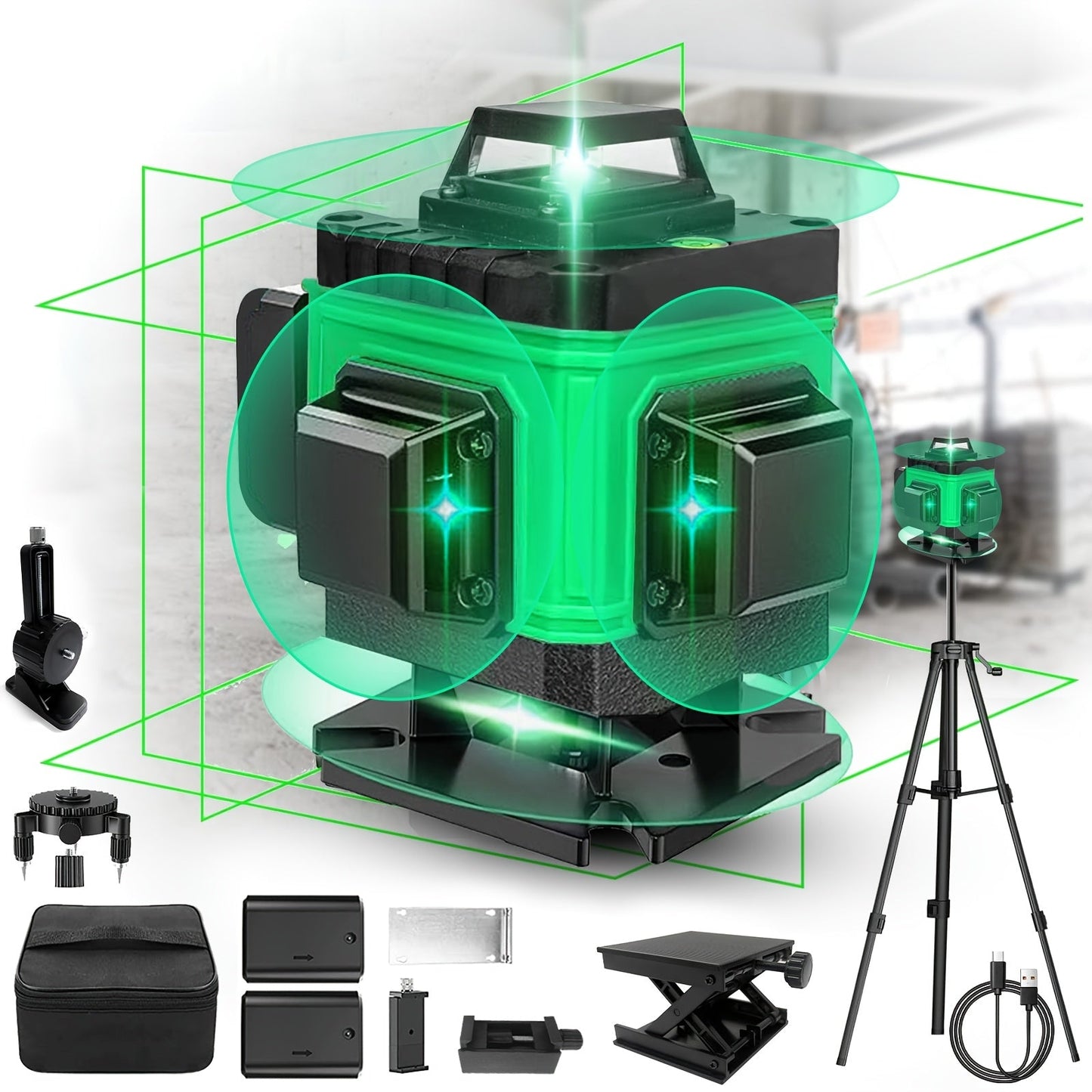 16-Line 4D Laser Level 360° Self-Leveling Cross Line Laser with Rechargeable Battery – Professional Rotary Laser for Construction, Tiling, Framing & Interior Alignment
