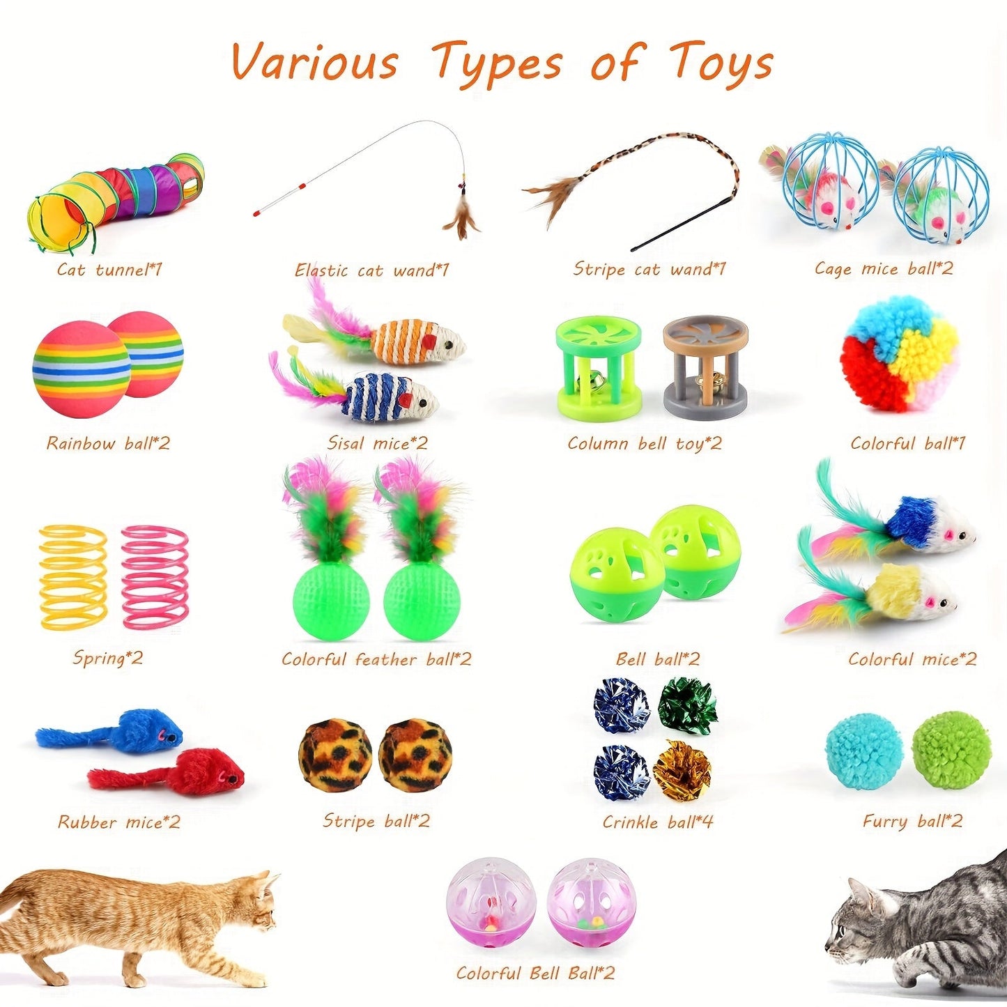Cat Toys Set 32 Pcs Interactive Kitten Toy Assortment with Rainbow Tunnel, Feather Teaser Wand, Sisal Mice, Bell Balls & Crinkle Balls - Indoor Cat Enrichment Toy Bundle