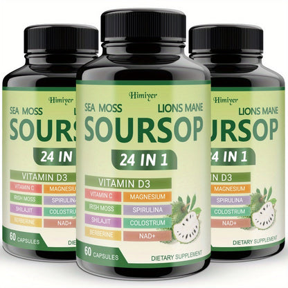 Soursop Graviola Capsules 24-in-1 Herbal Blend — Turmeric Spirulina Sea Moss Vitamin D3 Bitter Leaf | Immune Defense Antioxidant Gut Energy Support | 60 Capsules Per Bottle