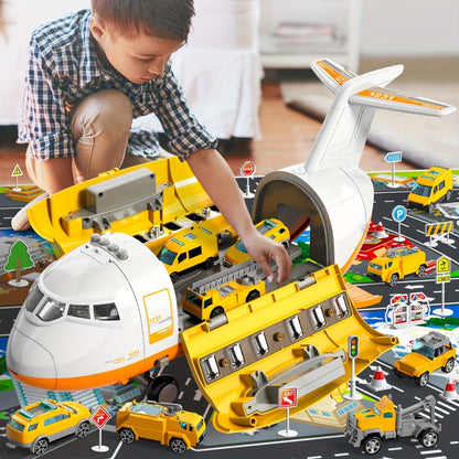 Jumbo Transport Airplane Toy for Kids with 10 Cars & Spray Mist, Cargo Plane Playset Toddler Boy Girl Birthday Gift Ages 3+