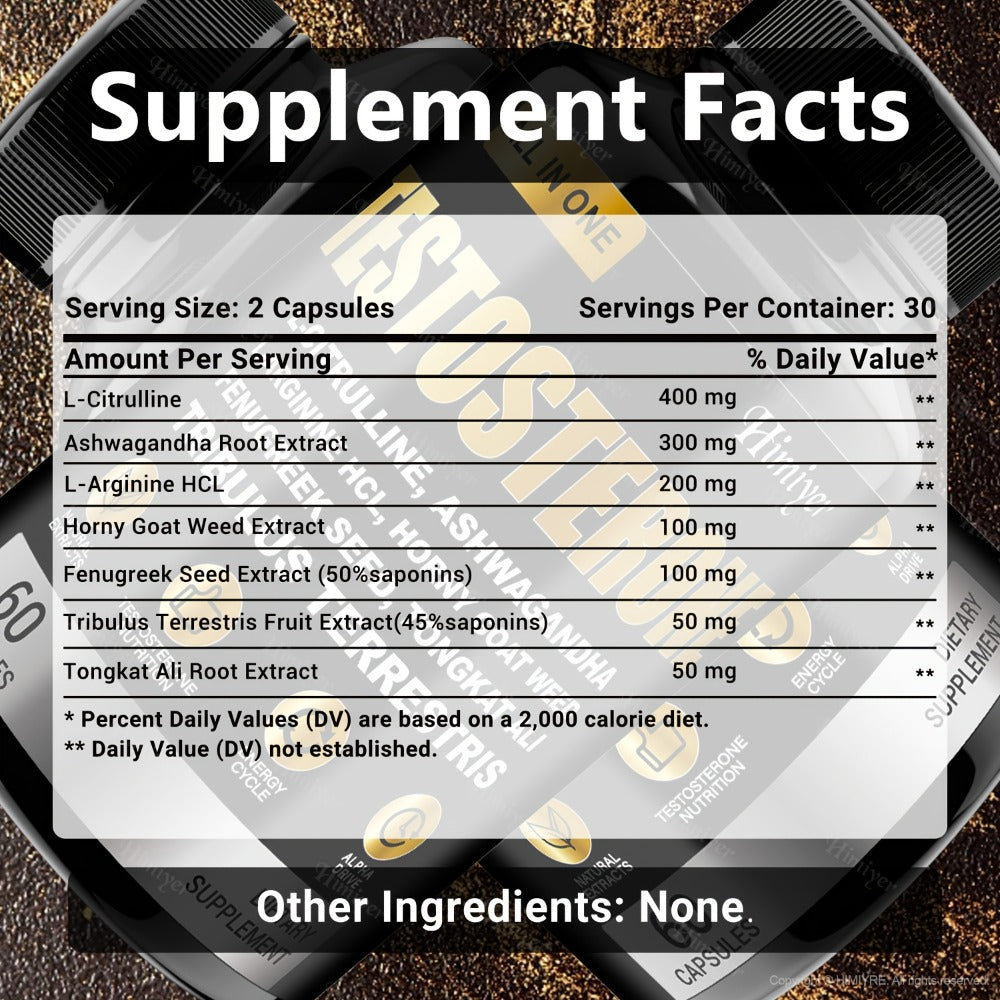 Tongkat Ali Testosterone Booster for Men with Tribulus, Fenugreek & L-Arginine - Plant-Based Natural Supplement for Strength, Libido, Nitric Oxide & Male Vitality - 60 Capsules 30-Day Supply