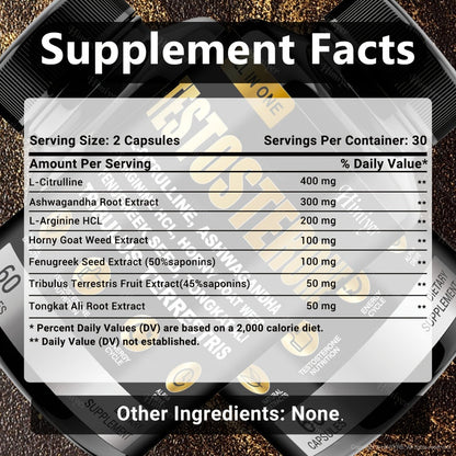 Tongkat Ali Testosterone Booster for Men with Tribulus, Fenugreek & L-Arginine - Plant-Based Natural Supplement for Strength, Libido, Nitric Oxide & Male Vitality - 60 Capsules 30-Day Supply