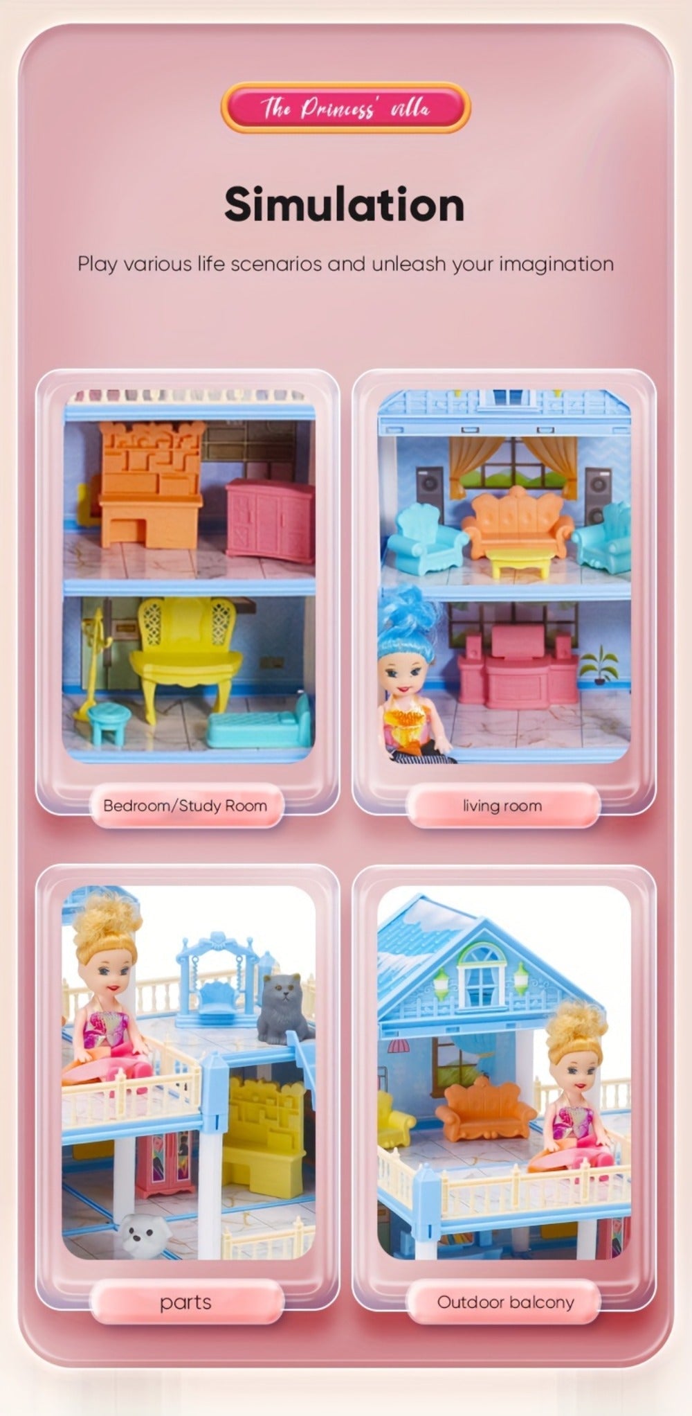 Princess Doll House Castle with Furniture & Accessories – Pink or Blue Mini Villa Playset 14 to 27 Rooms, Imaginative Play Logical Thinking Toy for Girls Ages 3+ Birthday Christmas Gift