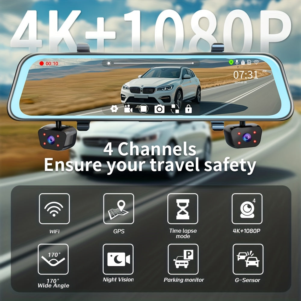 11.66" Rearview Mirror Dash Camera for Vehicles Featuring a Touch Screen, Wifi, GPS, And Multi-Functionality. It Includes a 360° Camera, 4K+1080P Recording for Front, Back, Left, And Right Views, a Night Vision G-Sensor, Loop Recording