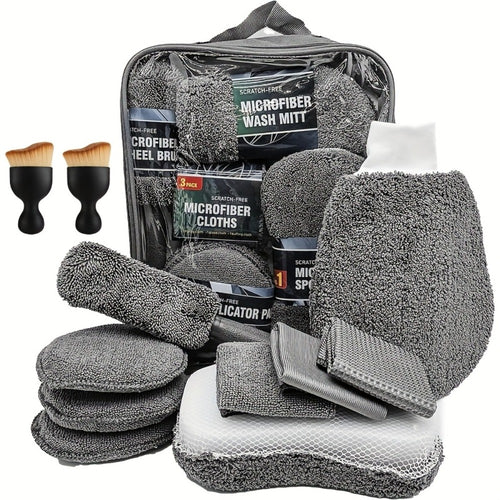 11-Piece Car Cleaning Kit – Tire Brush, Microfiber Wash Gloves, Thick Absorbent Pads & Detail Sponges for Interior & Exterior Car Detailing, Complete Auto Wash Set, Gray
