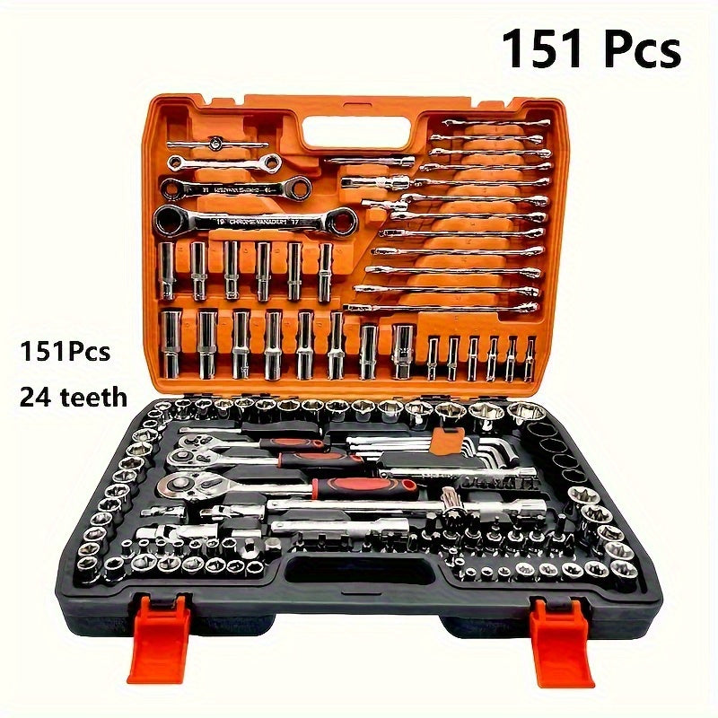 53/82/121/151pcs Heavy Duty Set with Ratchet, Extension Rods & Joints - Adjustable 6-Point Drive Kit Suitable for Automotive, Marine, Motorcycle Repair, Metric (8-22mm) & SAE (1/4"/1/2")