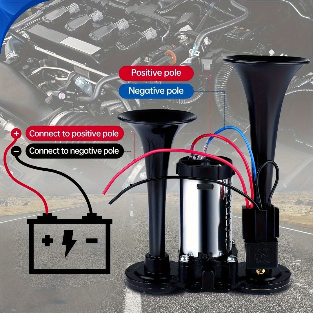Dual Air Horn Kit 12V/24V 105-137dB with Air Compressor - Super Loud Aluminum Alloy Trumpet Horn for Truck, Train, SUV, Motorcycle, Car & Boat, Universal Electric Horn Easy Install