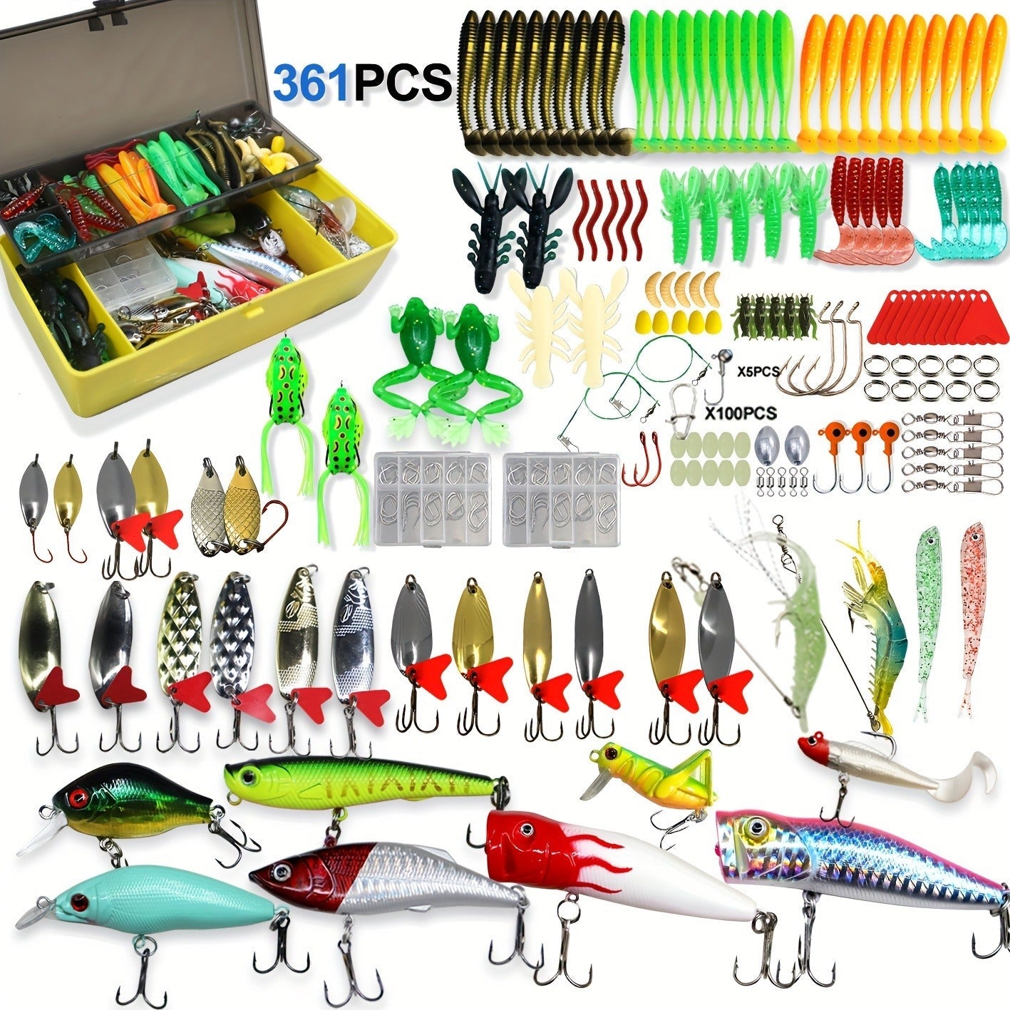 Fishing Lures Kit with Tackle Box – Mixed Plastic & Metal Baits, Hooks, Swivels & Jig Hooks (110/252/361pcs)