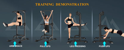 Power Tower Dip Station Pull Up Bar for Home Gym – 330lb Capacity, 10 Height Levels 65"-83", 6 Exercise Positions, H-Base with Suction Cups – Full Body Strength Training Equipment