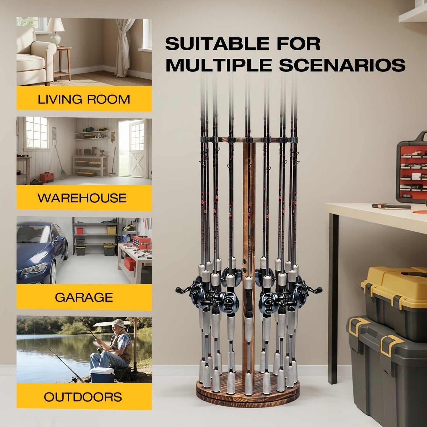 Wooden Fishing Rod Rack 360 Degree Rotating Circular Holds 16 Rods Space Saving Fishing Pole Organizer for Garage Home Storage