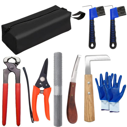Hoof Trimming Kit 9-Piece Professional Farrier Tools – 10" Carbon Steel Hoof Nippers, Shears, Nail Clipper, Mini Rasp & Hoof Knife for Horse & Goat | Complete Hoof Care Set with Storage Bag