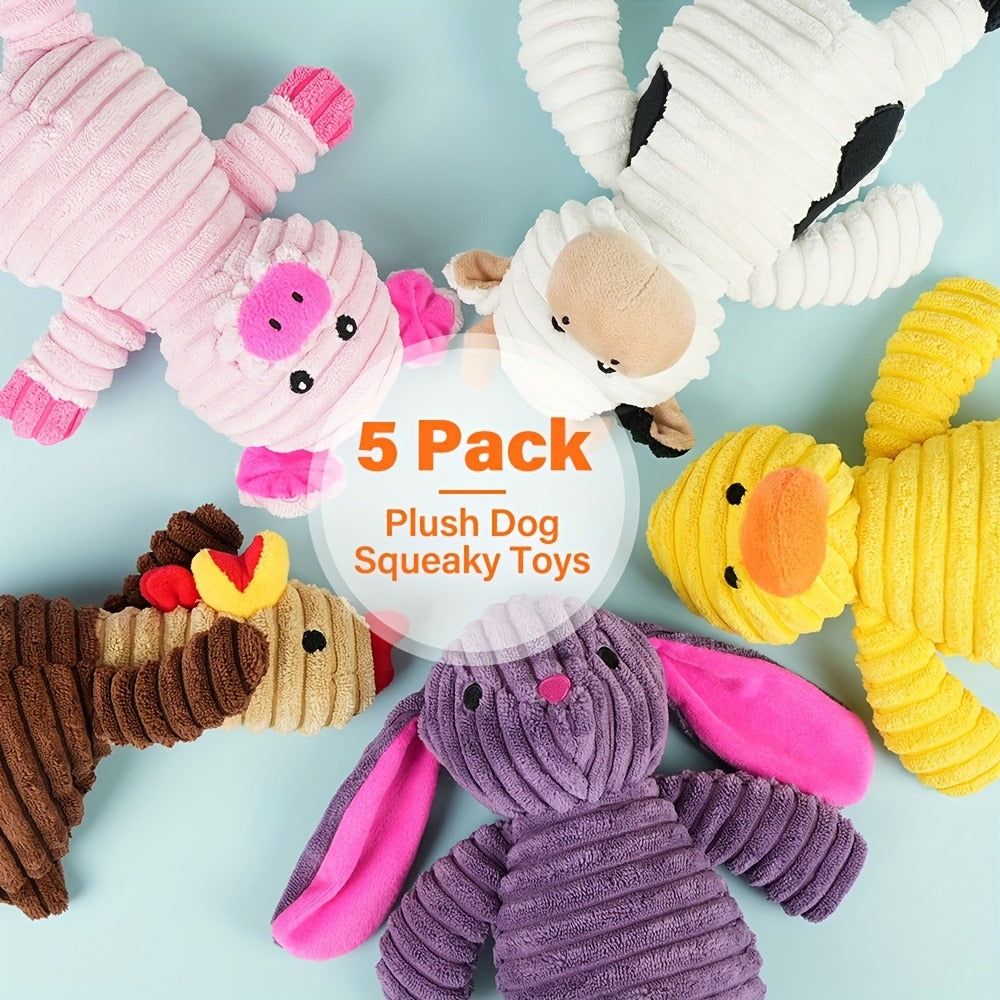 Squeaky Plush Dog Toys Pack of 5 - Stuffed Animal Dog Toy Bundle with Embroidered Safety Eyes, Washable Soft Chew Toys for Small Medium Large Dogs, Cute Puppy Gift Set - Pig Frog Elephant Chicken Fox