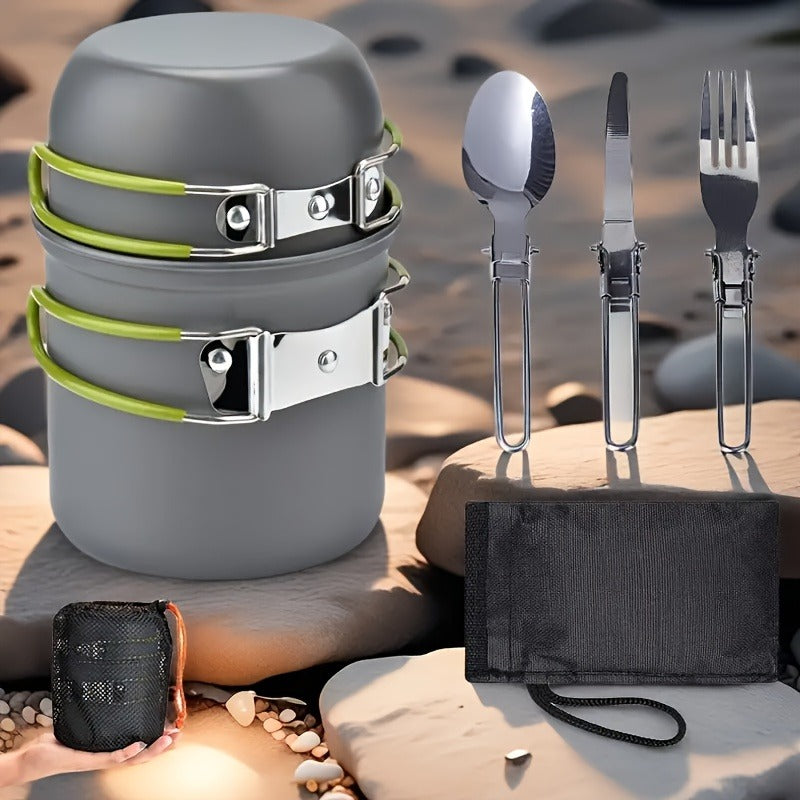 Stainless Steel Camping Cookware Set Portable Outdoor Cooking Pot with Foldable Storage Knives Forks Lightweight Compact for Backpacking Hiking Picnic Travel Orange Green Gift Ready