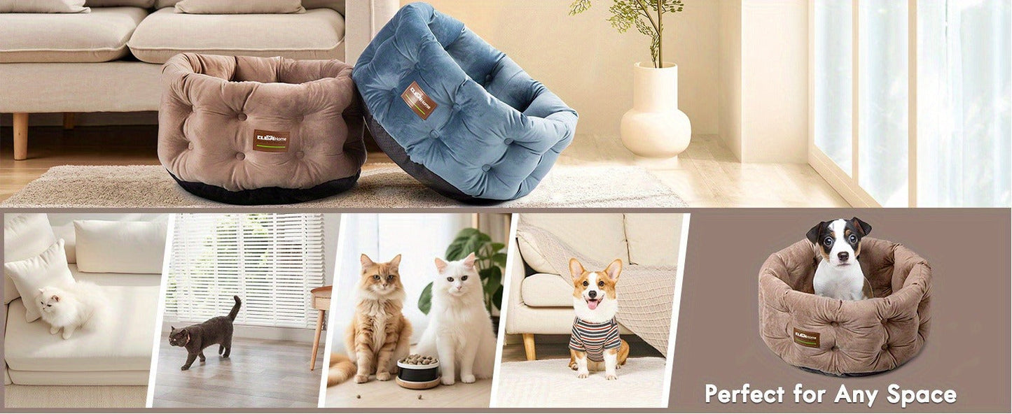 Cat Bed Round Deep Nest for Indoor Cats up to 15lbs, Luxurious Velvet Feel Extra High Sides, Machine Washable Non-Slip Bottom, Cozy Donut Cat Bed 20x20 in Steel Blue & Warm Beige