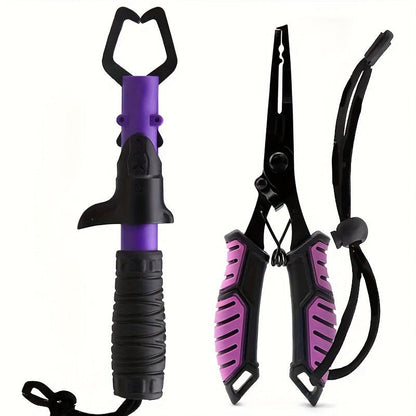 Fishing Pliers Fish Gripper Combo Set 2pcs Stainless Steel Hook Remover Line Cutter with TPR Non-Slip Handle Spring-Loaded Lock for Freshwater Saltwater Bass Trout Pike Catch and Release