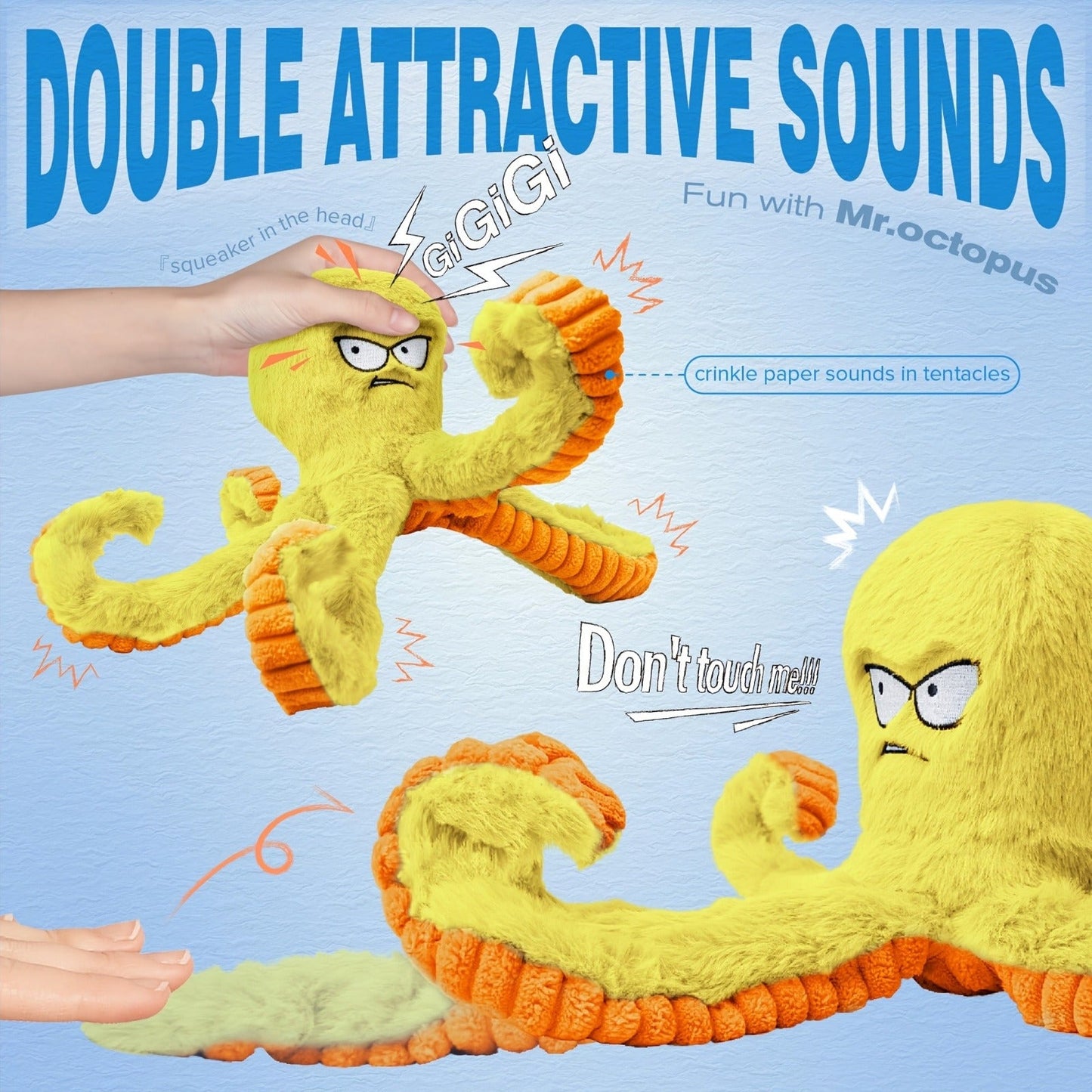 Tough Dog Chew Toy Octopus - Squeaky Stuffed Interactive Dog Toys for Large Dogs, Crinkle Tug of War Plush Dog Toy to Keep Dogs Busy, Durable Dog Toys 1/2/4 Pack - Blue & Yellow Octopus