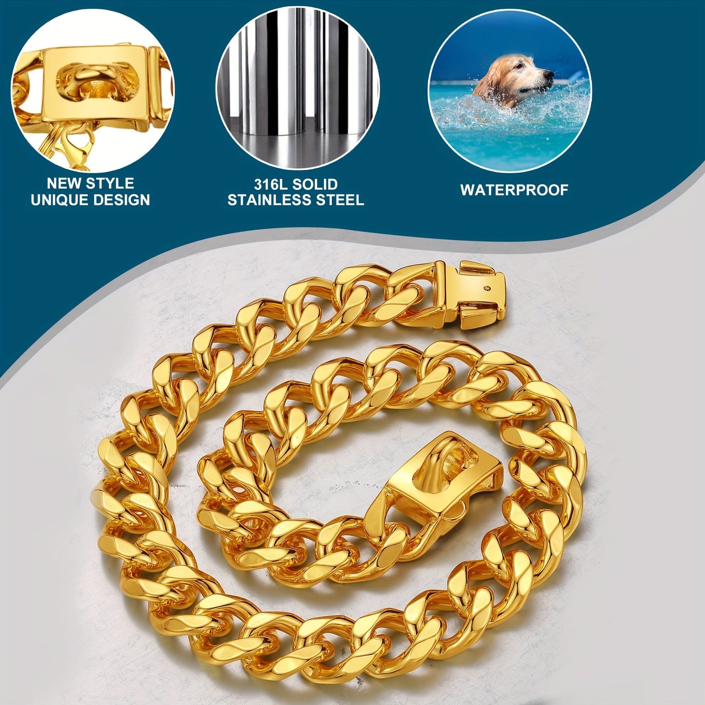 Cuban Link Dog Chain Collar – 19mm Gold Plated Stainless Steel with Snap Lock, 6 Sizes for Puppy Small Medium Large Dogs