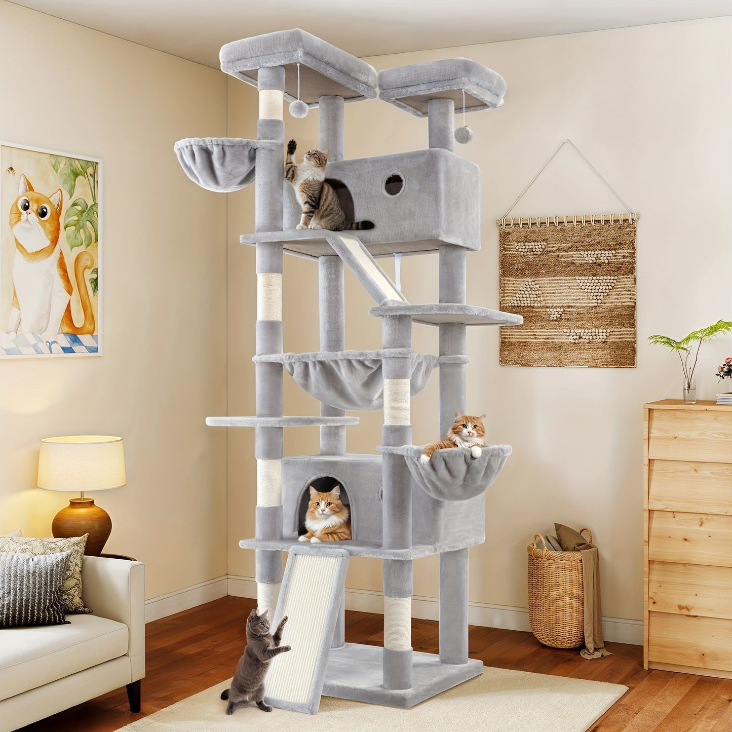 Cat Tree Tower Multi-Level for Indoor Cats - Cat Furniture with Sisal Scratching Posts, Plush Perches, Hammock, Basket & Corner Condo Cave, Hanging Toys & Climbing Ramp, Multiple Sizes & Colors