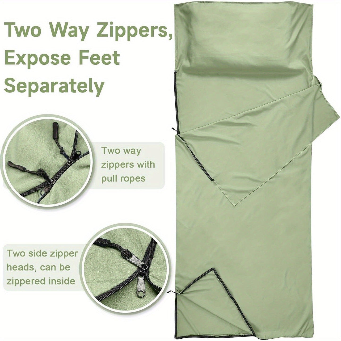Sleeping Bag Liner for Adults – Two-Way Zipper Sleep Sack with Foot Exposure, Lightweight Portable Travel Sheet for Camping, Hiking, Hotel & Hostel Use, Single Size, Machine Washable