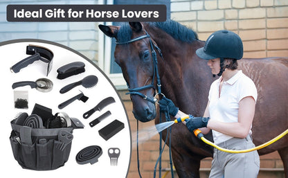 Horse Grooming Kit 11-Piece Set with Storage Bag – Complete Beginner & Daily Care Set with Curry Comb, Reversible Brush & Braiding Tools | SEAOTTER Professional Equine Grooming Supplies, Black