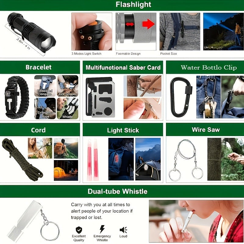28-in-1 Survival Kit Compact Emergency Gear Set for Men Camping Hiking Outdoor Preparedness Birthday Gift Tactical Survival Tools Black