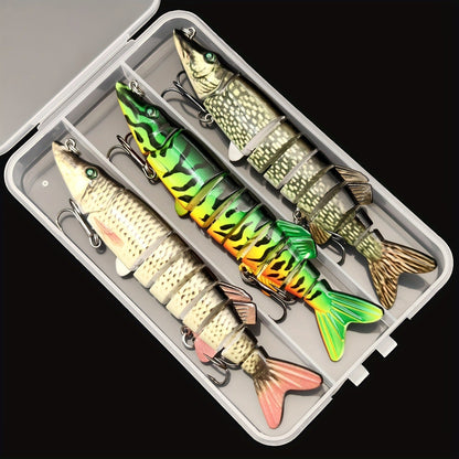 Multi-Jointed Swimbait Fishing Lures for Bass Trout Perch – Slow Sinking Lifelike 3D Eyes ABS Body, Pearl Powder Coating, 8-Section Woven Fabric Jointed Lure Kit for Freshwater & Saltwater, 2 Models (FCP2P-392 / FCP2P-556)