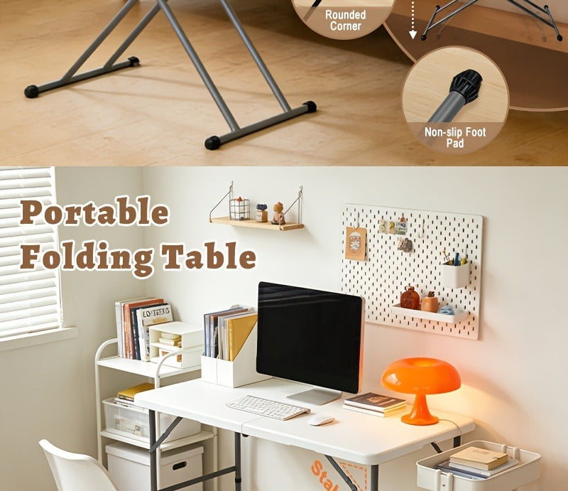 Folding Picnic Table Portable Plastic Camping Table Indoor Outdoor with Carrying Handle Lock 4FT 6FT Lightweight Fold Up Dining Table for Camping Backyard BBQ Party Beach White