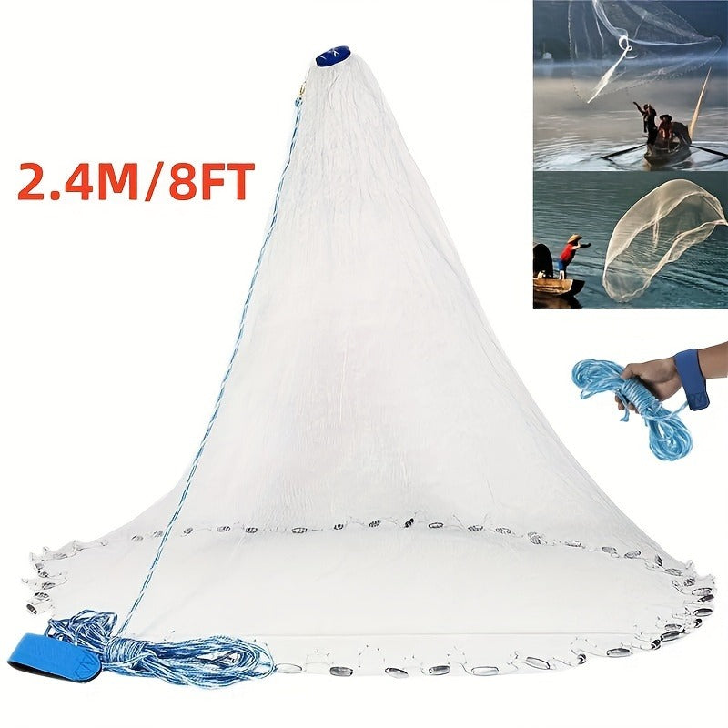 Throw Cast Net 8FT 10FT Transparent Thread Nylon Mesh 3/8in, Galvanized Zinc Sinkers 26ft PE Braid Hand Line No-Ring Design for Shrimp Bait Trapping Pond River Saltwater Fishing