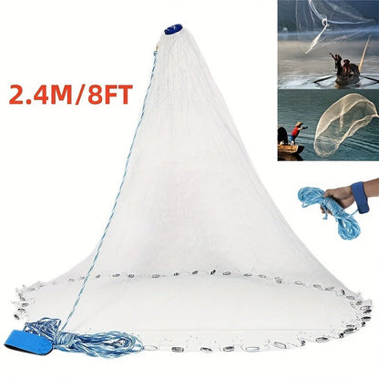 Throw Cast Net 8FT 10FT Transparent Thread Nylon Mesh 3/8in, Galvanized Zinc Sinkers 26ft PE Braid Hand Line No-Ring Design for Shrimp Bait Trapping Pond River Saltwater Fishing