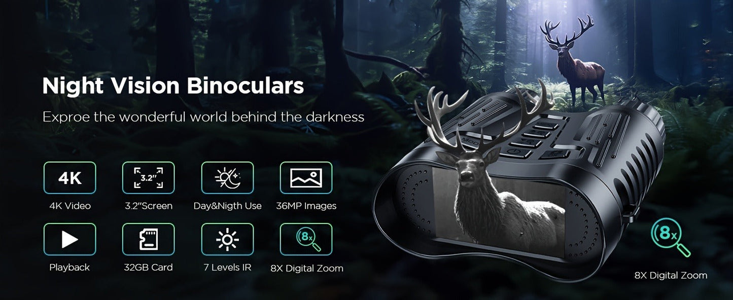Night Vision Infrared Binoculars 4X Optical 8X Digital Zoom 3.2" LCD