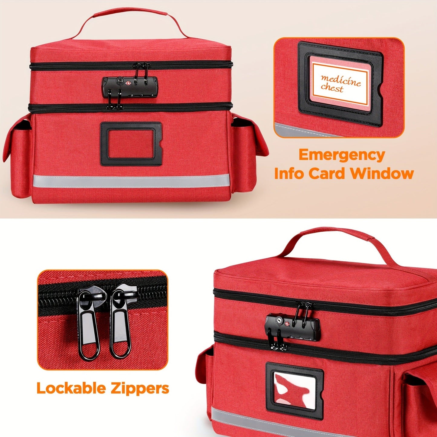 Lockable Medicine Organizer Bag with Combination Lock, Double-Layer Large Capacity Pill Bottle Storage Case for Prescription Bottles First Aid Supplies Home Travel, Portable Medication Carry Bag Red Grey Black