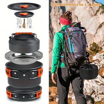 Camping Cookware Set for 2-3 People, Portable Aluminum Outdoor Cooking Kit with Pot, Frying Pan, Kettle & Cutlery, Lightweight Foldable Camp Kitchen Gear for Hiking, Backpacking & Travel
