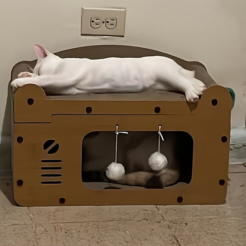 Large Cat House with Scratcher Pad & Plush Ball Toys, Ventilated Multi-Functional Indoor Outdoor Cat Shelter, Easy Assembly Single Door Double Door Luxury Double-Layer Cat Condo, Festival Gift