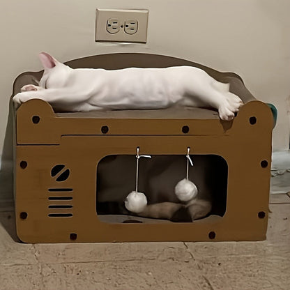 Large Cat House with Scratcher Pad & Plush Ball Toys, Ventilated Multi-Functional Indoor Outdoor Cat Shelter, Easy Assembly Single Door Double Door Luxury Double-Layer Cat Condo, Festival Gift