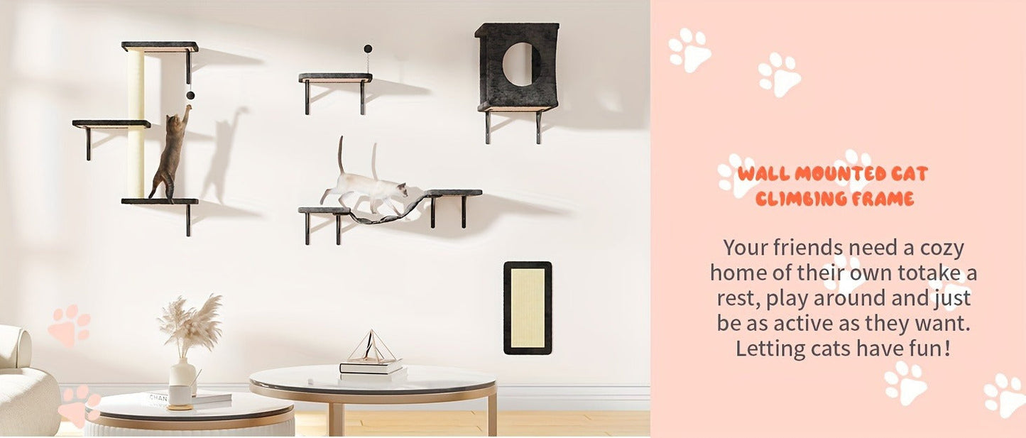 Cat Wall Shelves 5-Piece Set - Wall-Mounted Cat Furniture with Floating Perch, Cat Climber, Bridge & Cat Bed, Modern Cat Tree Alternative for Indoor Cats, Black / Grey / Beige