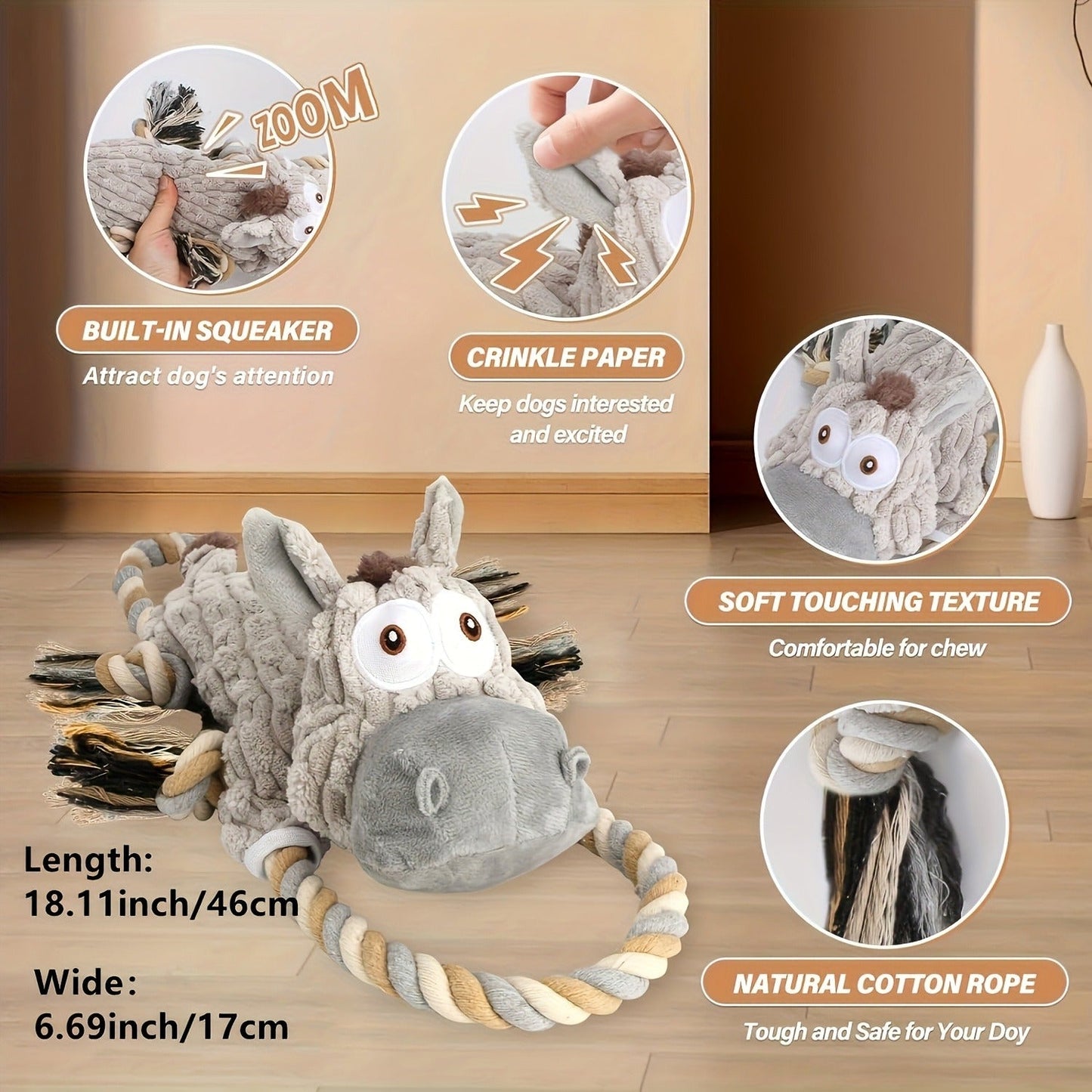 Dog Chew Toy Donkey Plush Squeaky Stretch Toy for Dogs - Durable Soft Stuffed Animal Chew Toy for Small Medium Large Dogs, Textured Spike Design, No Batteries Needed