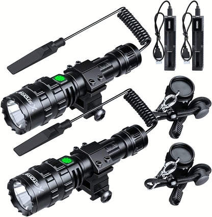 Picatinny Rail Flashlight 2 Pack - High Lumen Tactical Torch, 5 Modes, USB Rechargeable, 20mm Rail Mount, Wrist Strap & Remote Switch Included for Hunting, Shooting & Outdoor Use