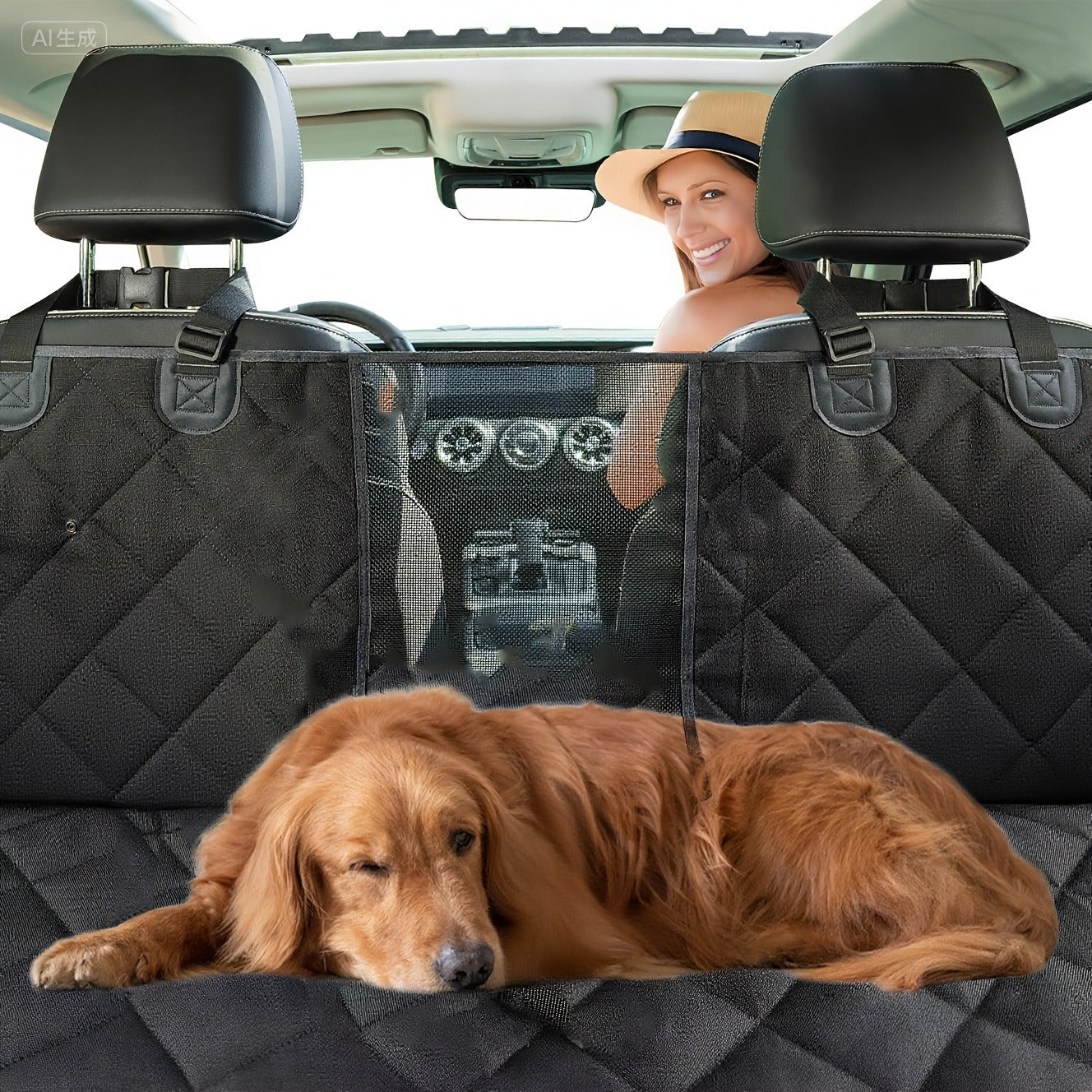 Dog Car Seat Cover for Back Seat - Waterproof Oxford & TPU Pet Seat Protector with Anti-Slip Base, Side Flaps, Seat Belt Openings & Mesh Window, Machine Washable Dog Car Cover for SUVs & Vehicles
