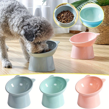 Cat Ear Shaped Raised Cat Bowls Set of 3 - Elevated Feeder Anti-Slip Base Neck Comfort Design, Pink Green Blue Feeding Dish for Cats & Small Pets