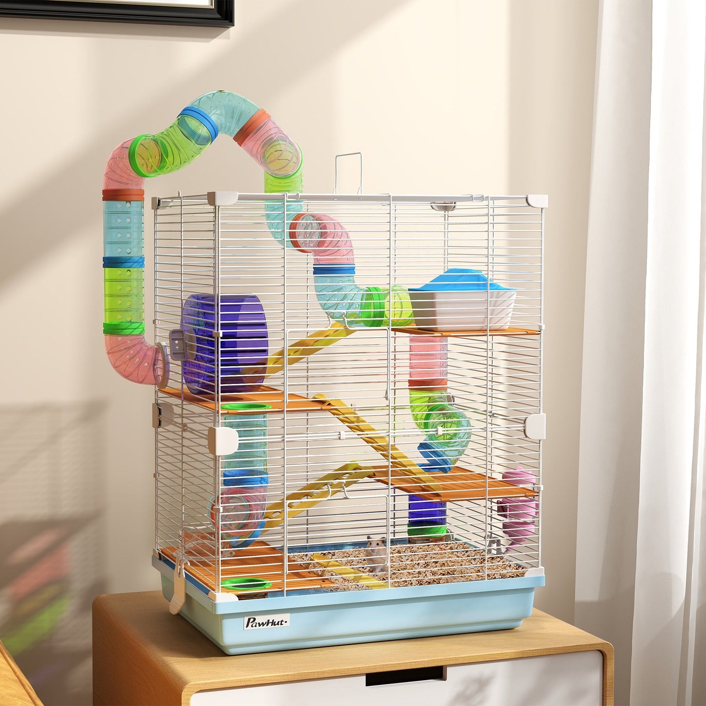 Hamster Cage 5 Tier Portable Small Animal Travel Carrier with Exercise Wheel Tubes Habitat Enclosure for Hamsters Gerbils Mice, Light Blue