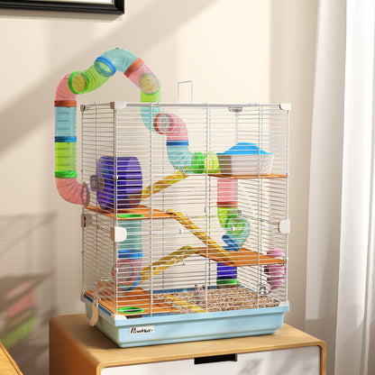 Hamster Cage 5 Tier Portable Small Animal Travel Carrier with Exercise Wheel Tubes Habitat Enclosure for Hamsters Gerbils Mice, Light Blue