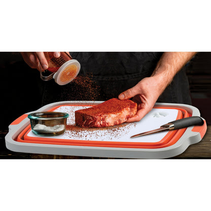 Collapsible BBQ Prep Caddy with Cutting Board & Lid - 3-in-1 Foldable Grill Preparation Tub, Food-Safe Plastic, Washing Basket & Marination Container - Orange