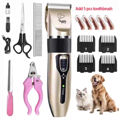 12-in-1 Pet Hair Trimmer Kit USB Rechargeable - Professional Cordless Electric Clippers for Dogs Cats Puppies Kittens, Adjustable Blade 5 Guide Combs Nail Clipper Scissors, Silent Home Grooming Set