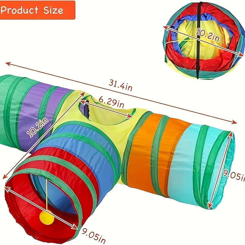Collapsible Cat Tunnel Toy - Foldable S-Shaped & 3-Way Tube with Ball & Peek Holes, Rainbow Colors, Connectable Cat Play Tunnel for Indoor Cats & Kittens, 1pc or 2-Pack Bundle