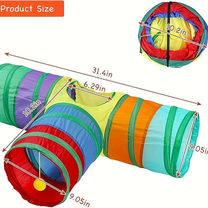Collapsible Cat Tunnel Toy - Foldable S-Shaped & 3-Way Tube with Ball & Peek Holes, Rainbow Colors, Connectable Cat Play Tunnel for Indoor Cats & Kittens, 1pc or 2-Pack Bundle