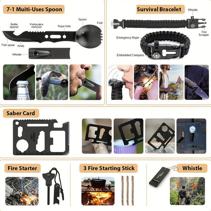 Survival Gear Kit Emergency Tool Set – Outdoor Multifunctional Camping Axe, Survival Shovel & Flint Fire Starter, 12pcs Basic or 158pcs Full Kit for Hiking, Hunting, Earthquake & Outdoor Adventures