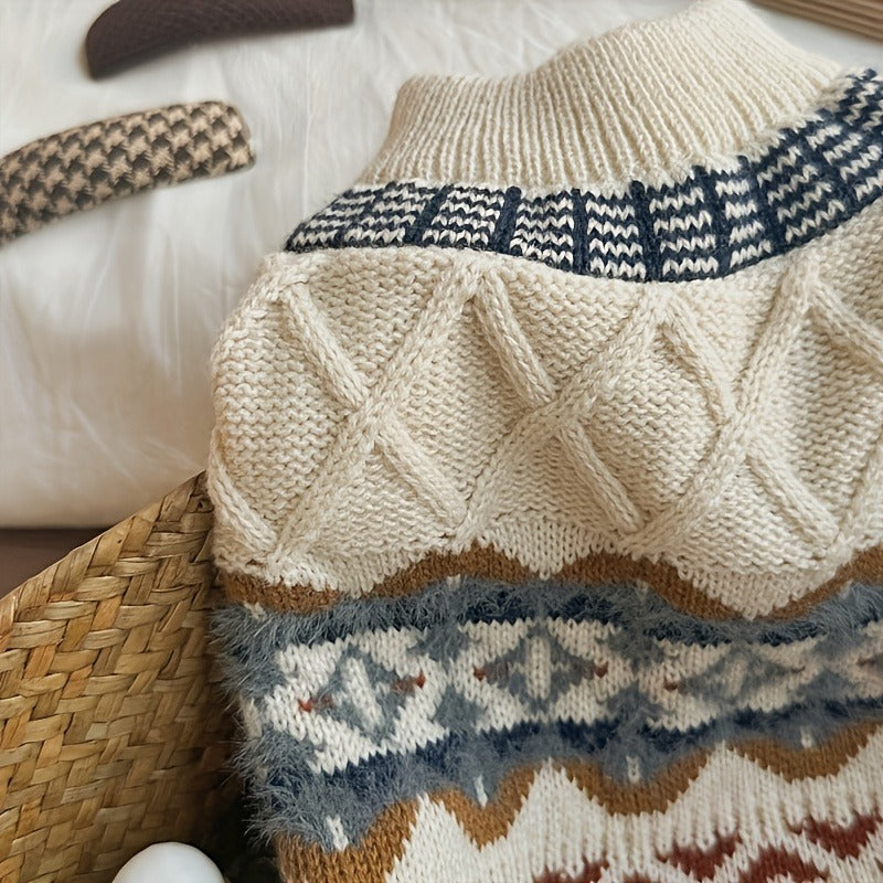 Cable Knit Dog Sweater Turtleneck - Thick Warm Winter Pet Pullover with Fair Isle Pattern, Cozy Cold Weather Knitwear for Small Medium Large Dogs & Cats, Outdoor Dog Clothes XS-XL, Beige & Blue