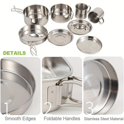 Stainless Steel Camping Cookware Set 8 Piece with Pots Pans Plates Cups and Handles - Lightweight Outdoor Cooking Kit for Camping Hiking Backpacking Open Fire Camp Kitchen Gear