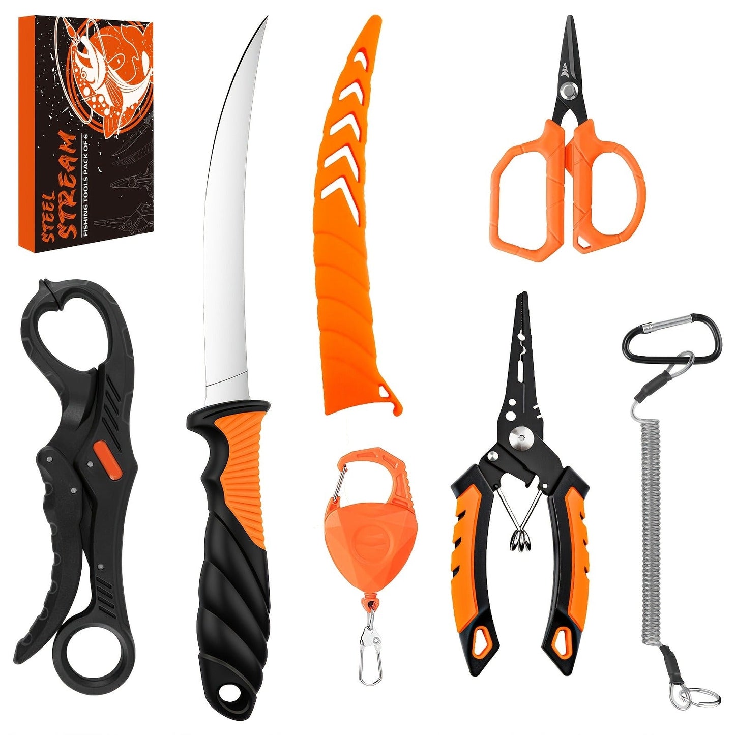 Fishing Tool Kit 6-Piece Corrosion Resistant Pliers Fillet Knife Fish Lip Gripper Braid Scissors Tool Retractor with Lanyard Fishing Gifts for Men