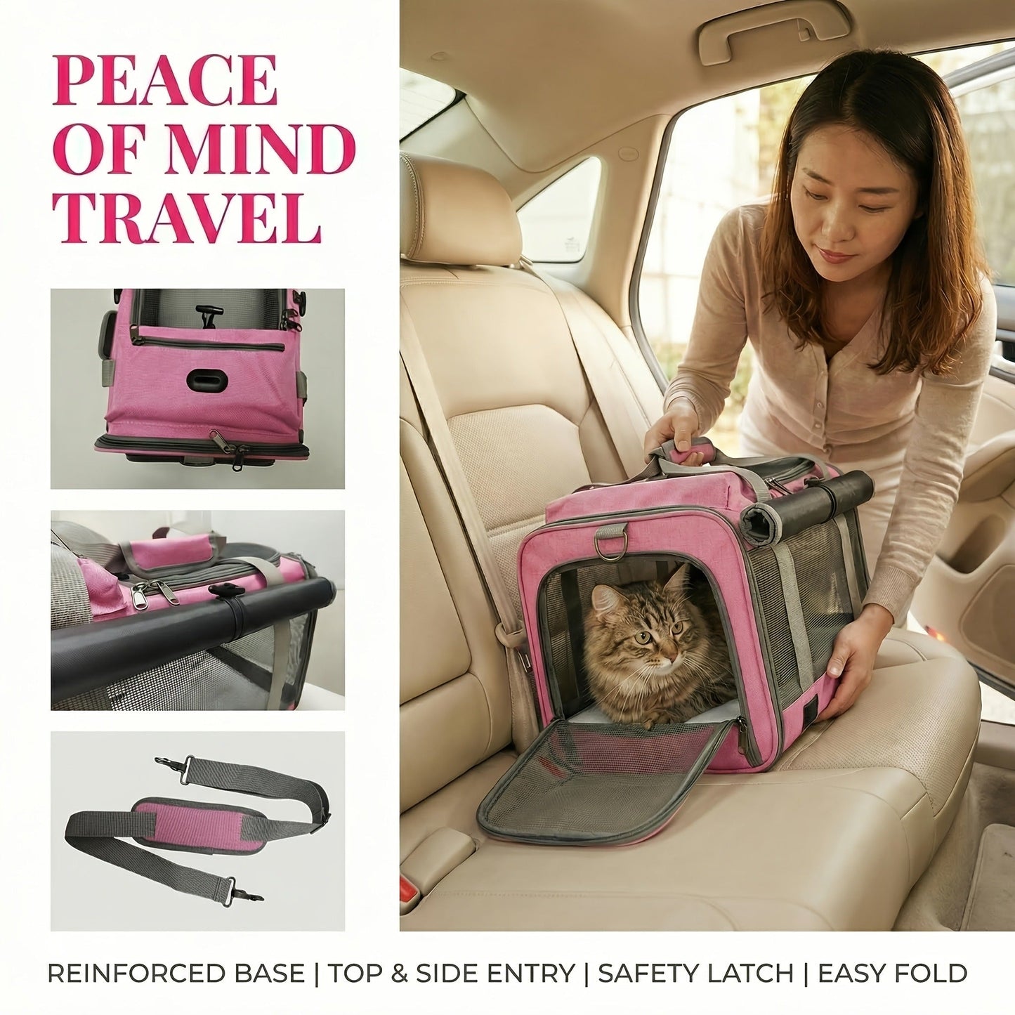 Airline Approved Pet Carrier Soft Sided Collapsible for Cats & Small Dogs - Breathable Oxford Cloth Travel Bag with Zipper Closure, Privacy Cover & Combo Set with Collar Leash Harness, Blue Pink Grey Green Beige